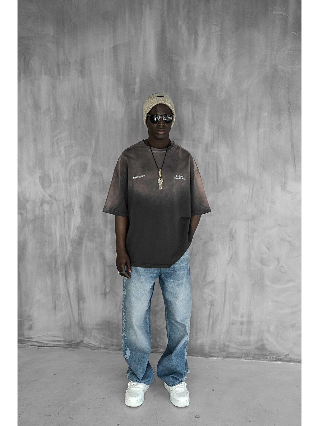 Erkek Renk Geçişli Baskılı Oversize Yıkamalı Tişört Kahverengi-5