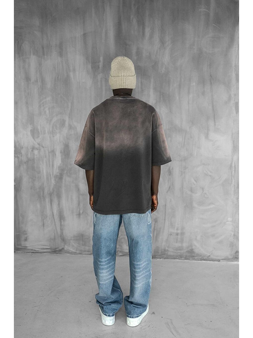 Erkek Renk Geçişli Baskılı Oversize Yıkamalı Tişört Kahverengi-6