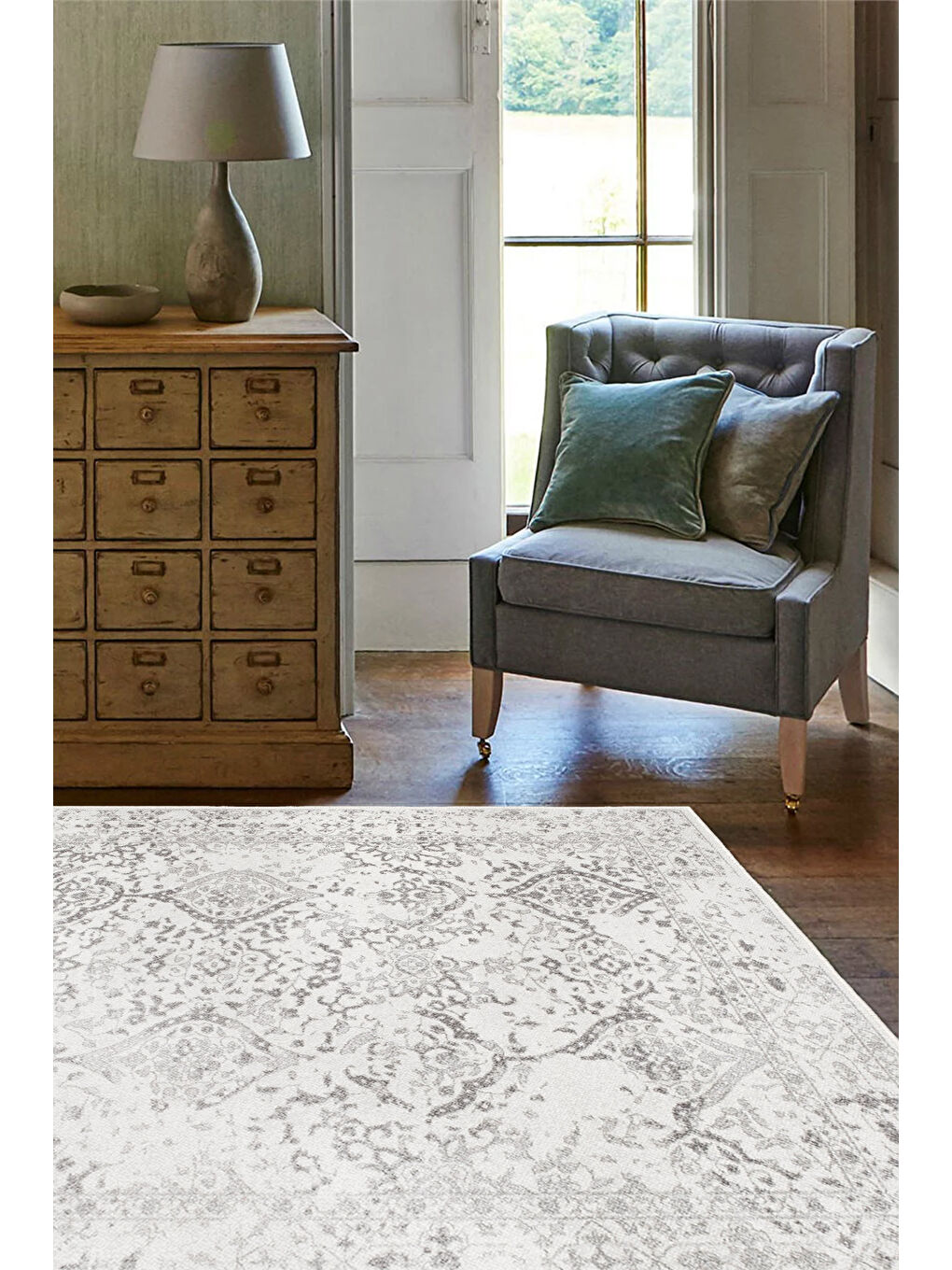 Gri Dekoratif Özel Tasarım Yıkanabilir İnce Kaymaz Tabanlı Modern Halı KECE FR06-1