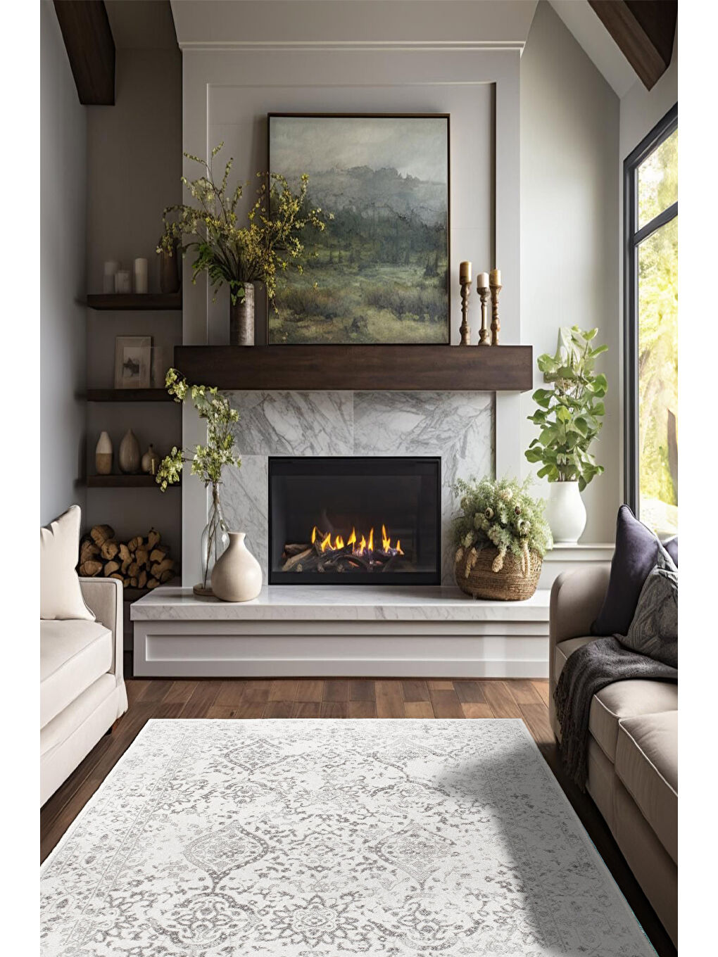 Gri Dekoratif Özel Tasarım Yıkanabilir İnce Kaymaz Tabanlı Modern Halı KECE FR06-2