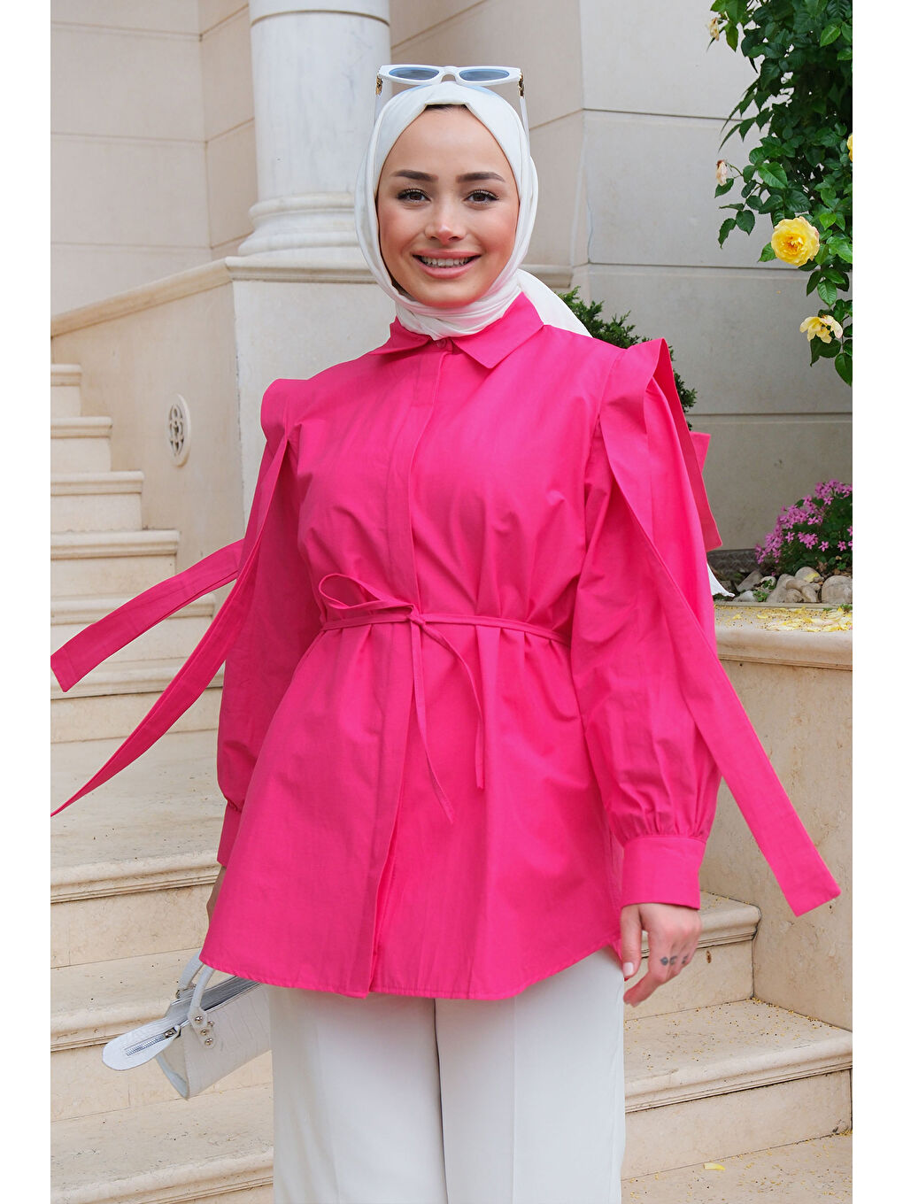 Kadın Pile Detay Önü Gizli Düğmeli Gömlek Fuşya