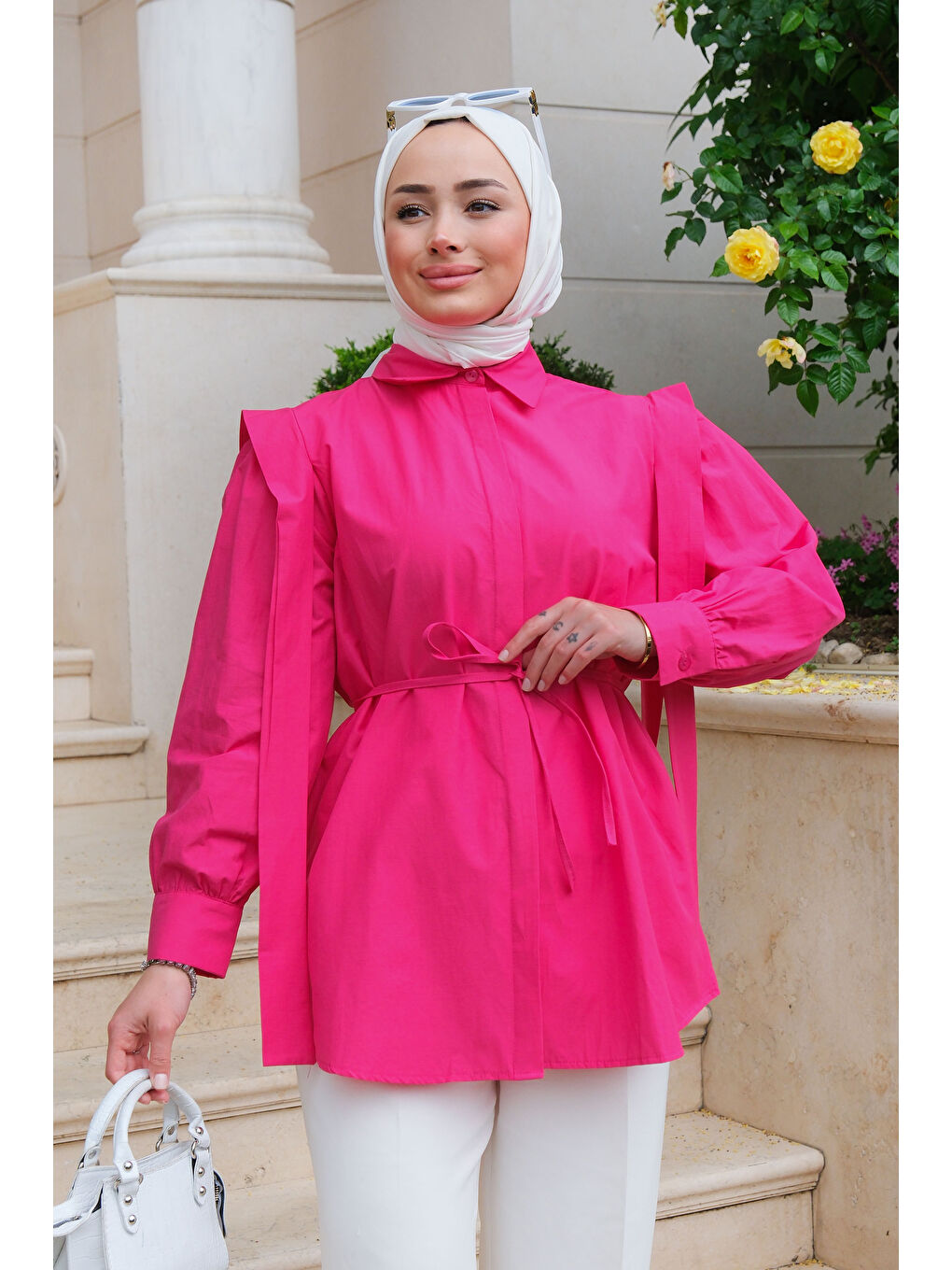 Kadın Pile Detay Önü Gizli Düğmeli Gömlek Fuşya-1