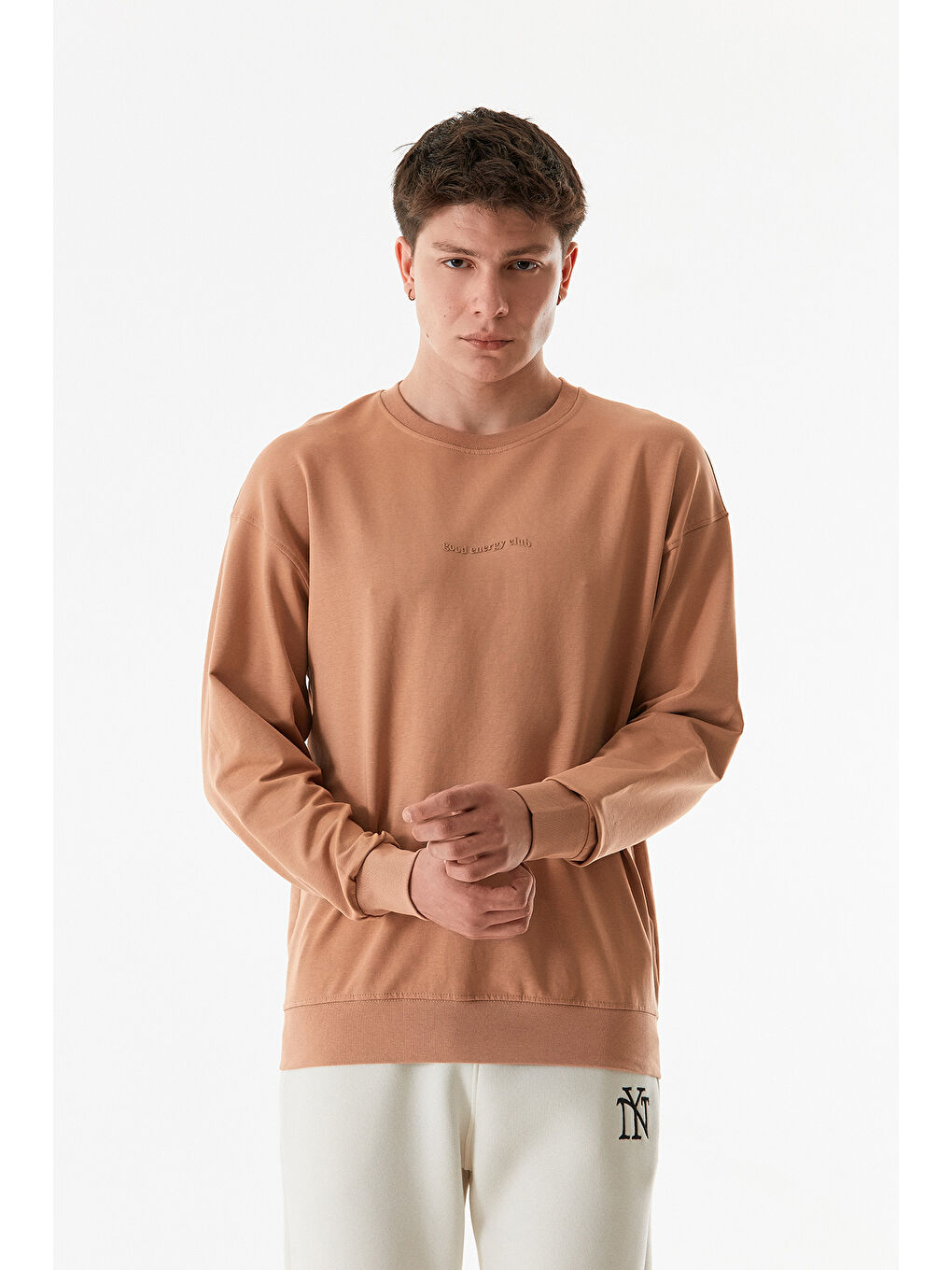 Fullamoda Camel Yazı Baskılı Bisiklet Yaka Sweatshirt