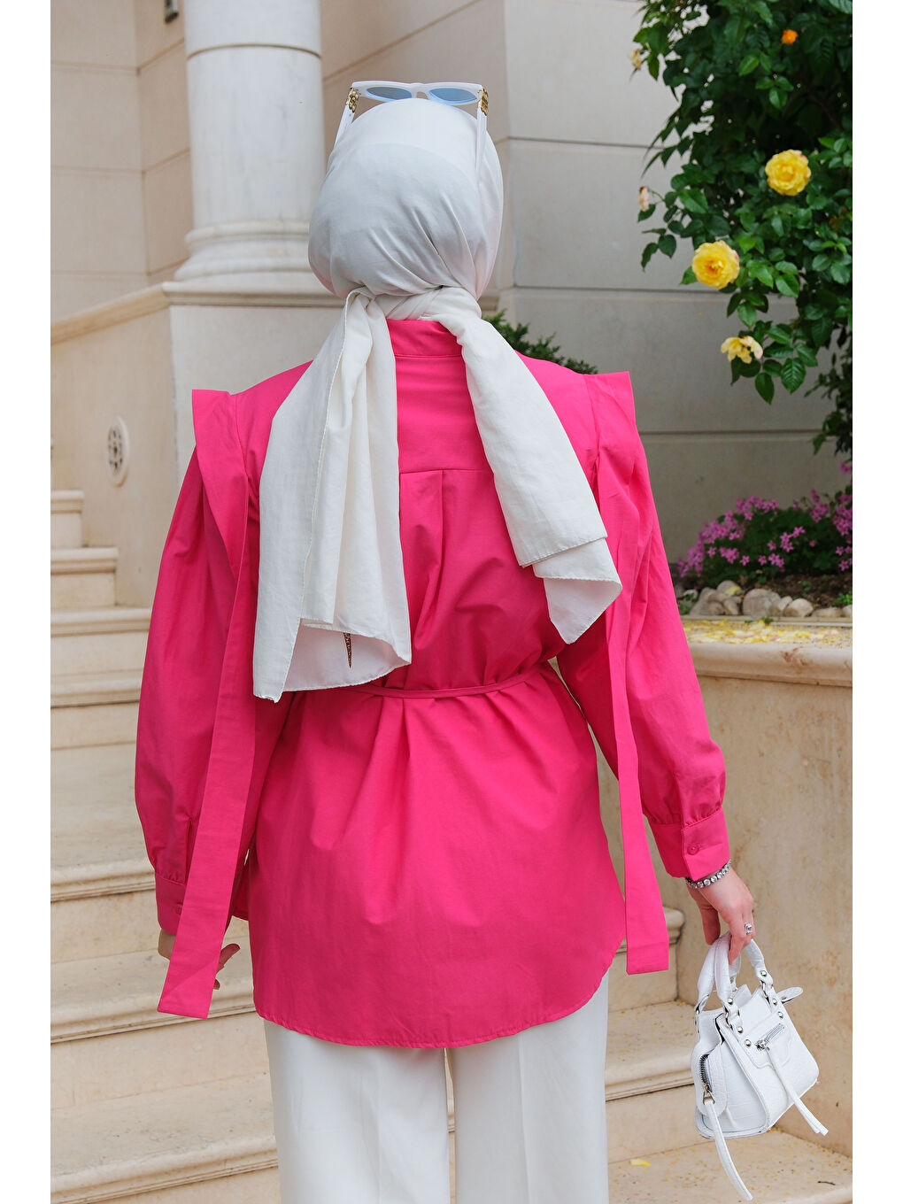 Kadın Pile Detay Önü Gizli Düğmeli Gömlek Fuşya-2