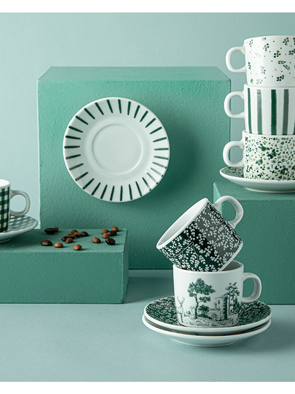 Dear Porselen 4 Parça 2 Kişilik Kahve Fincan Takımı Koyu Yeşil-2