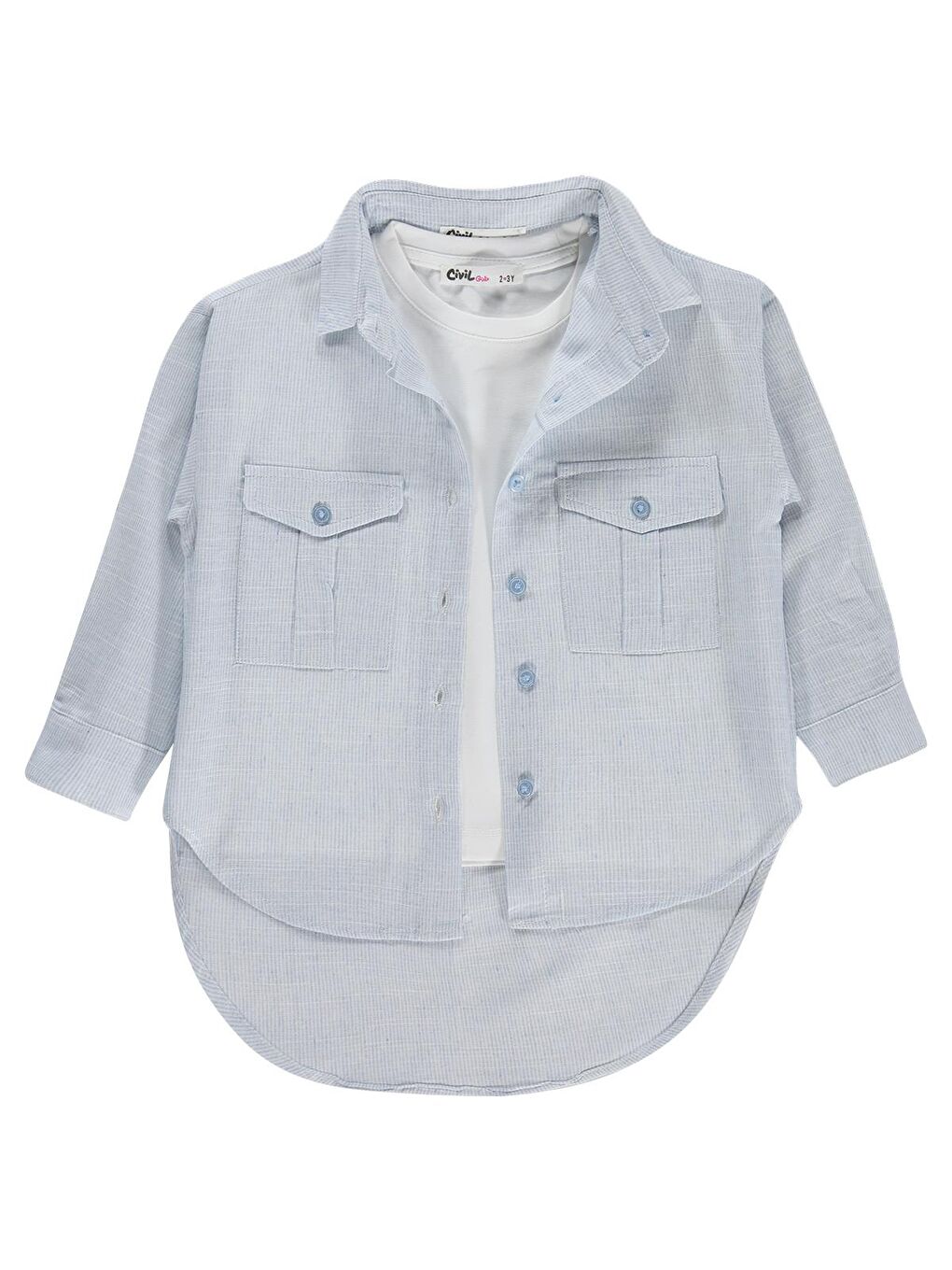 Girls Çift Cepli Çizgili 2-5 Yaş Gömlek - Pembe