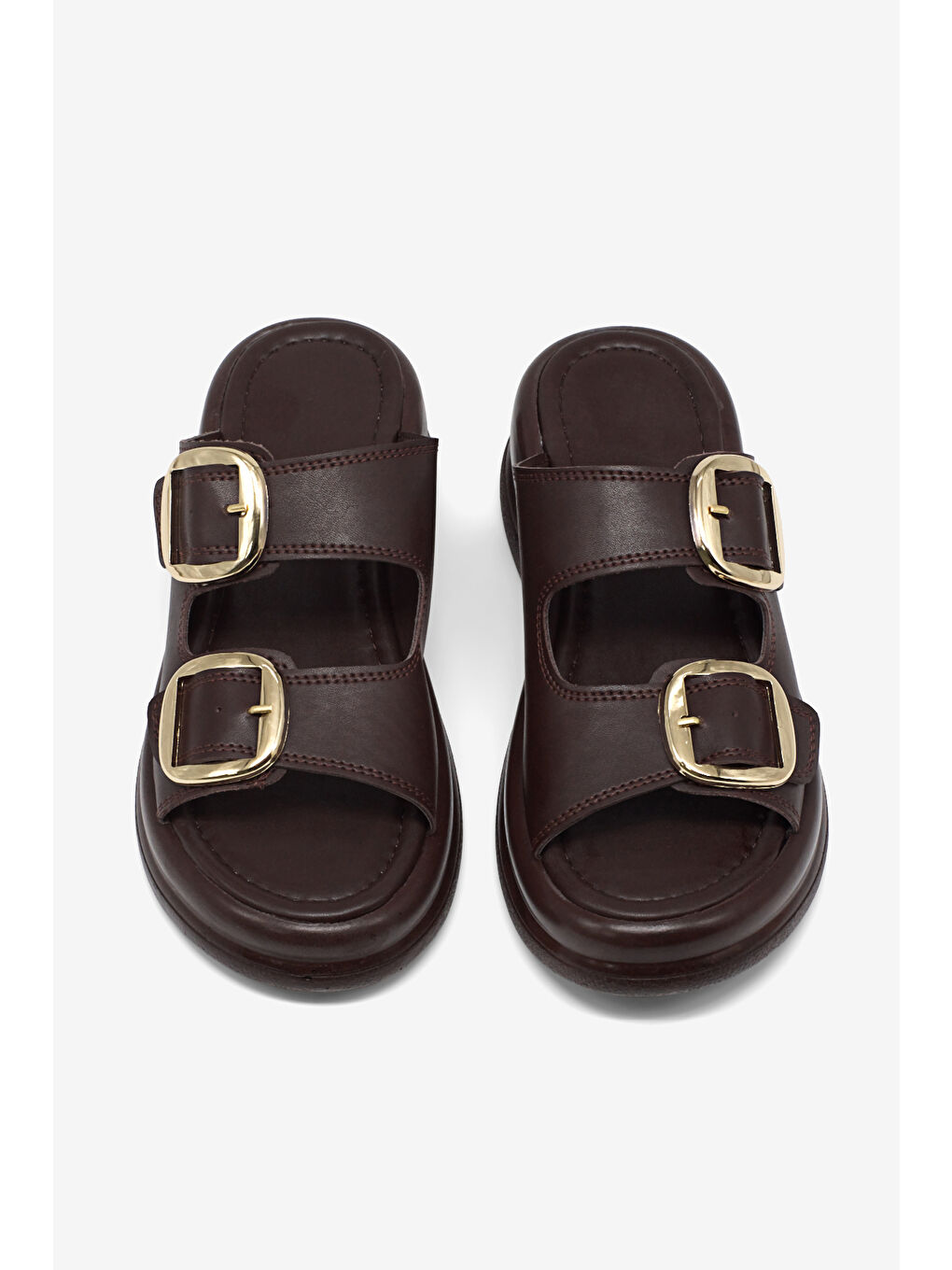 Kahverengi Kadın Kahve Yüksek Tabanlı Rahat Çift Tokalı Terlik-1