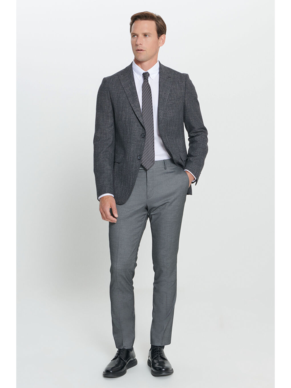 Erkek Antrasit Slim Fit Dar Kesim Kırlangıç Yaka Desenli Çift Pantolonlu Takım Elbise-3