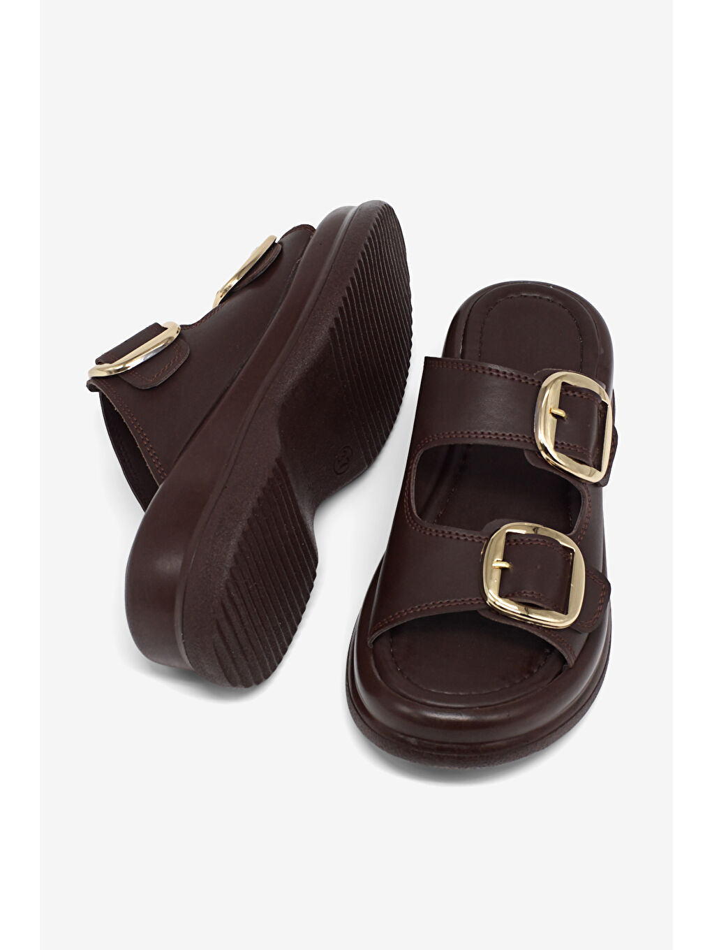 Kahverengi Kadın Kahve Yüksek Tabanlı Rahat Çift Tokalı Terlik-2