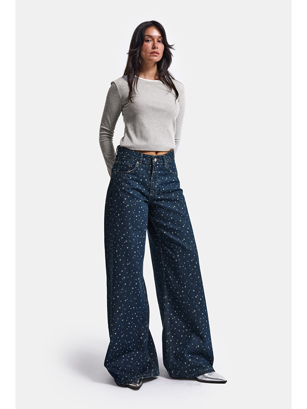 Kadın Koyu Mavi Puantiye P-1w6-11 Palazzo Fit Özel Tsarım Denim Jean