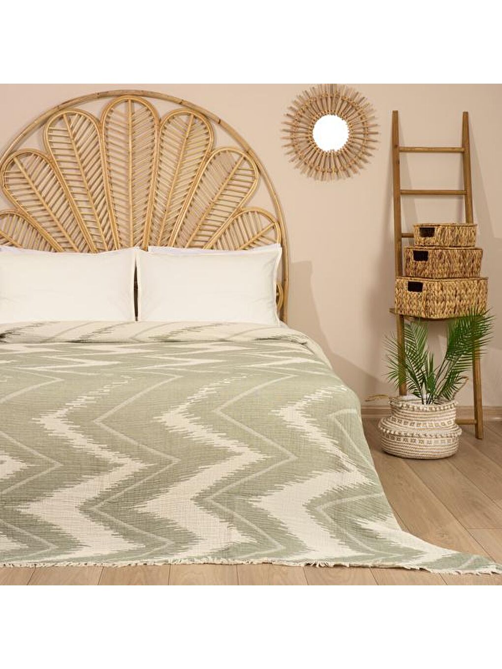 Soft Etnik Müslin Çift Kişilik Yatak Örtüsü - Yeşil - 200x220 cm