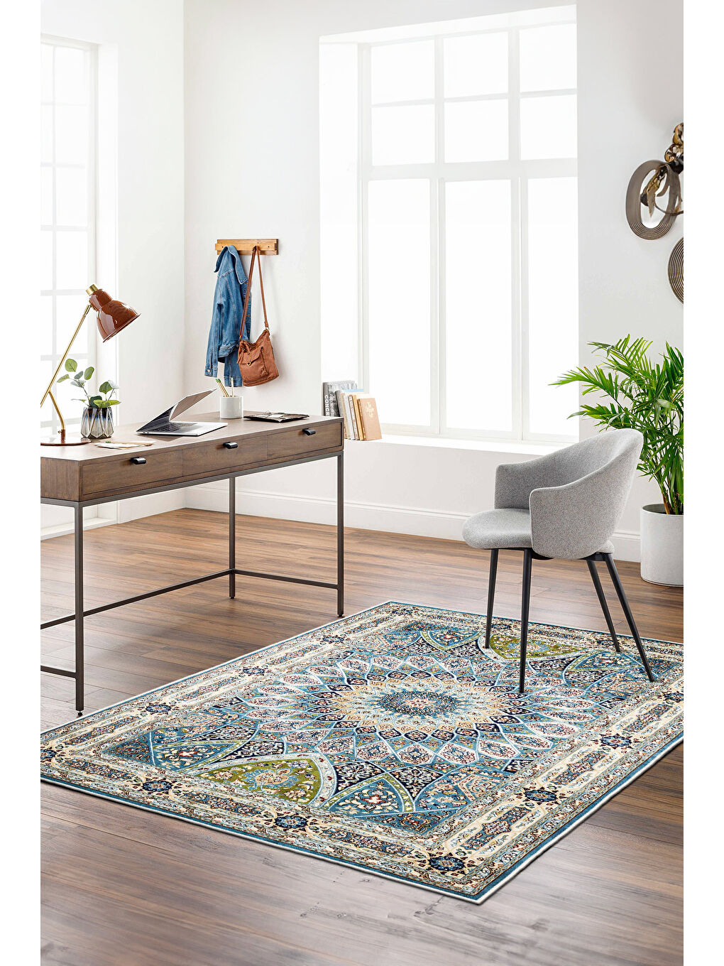 Mavi Dekoratif Özel Tasarım Yıkanabilir İnce Kaymaz Tabanlı Modern Halı KECE FR04-2