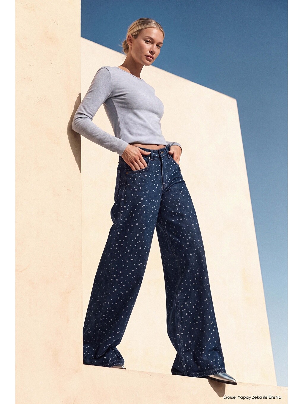 Kadın Koyu Mavi Puantiye P-1w6-11 Palazzo Fit Özel Tsarım Denim Jean-3