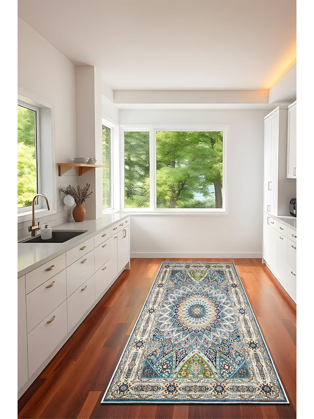 Mavi Dekoratif Özel Tasarım Yıkanabilir İnce Kaymaz Tabanlı Modern Halı KECE FR04-4