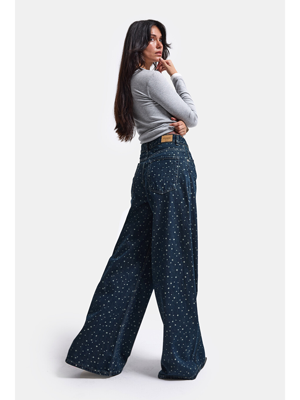 Kadın Koyu Mavi Puantiye P-1w6-11 Palazzo Fit Özel Tsarım Denim Jean-4