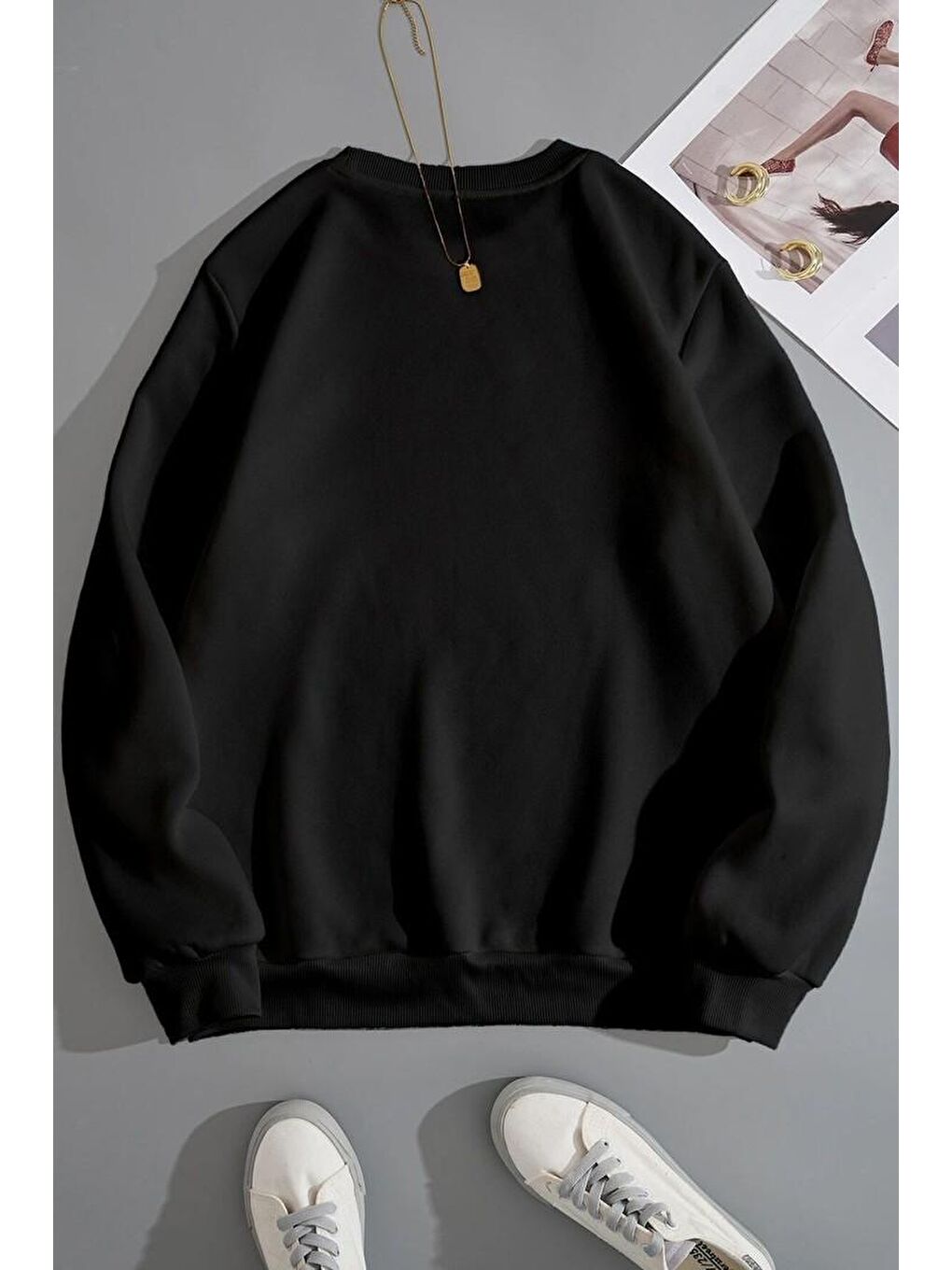 uyguntarz Siyah Unisex Shinobi Kedi Bisiklet Yaka Sweatshirt - 1