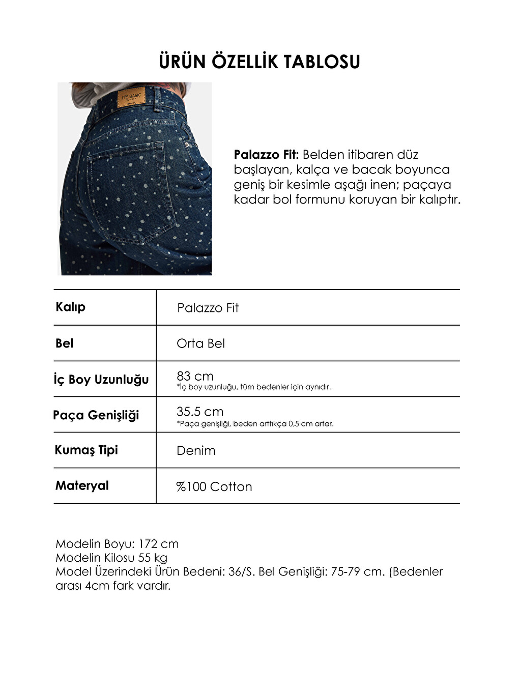 Kadın Koyu Mavi Puantiye P-1w6-11 Palazzo Fit Özel Tsarım Denim Jean-5