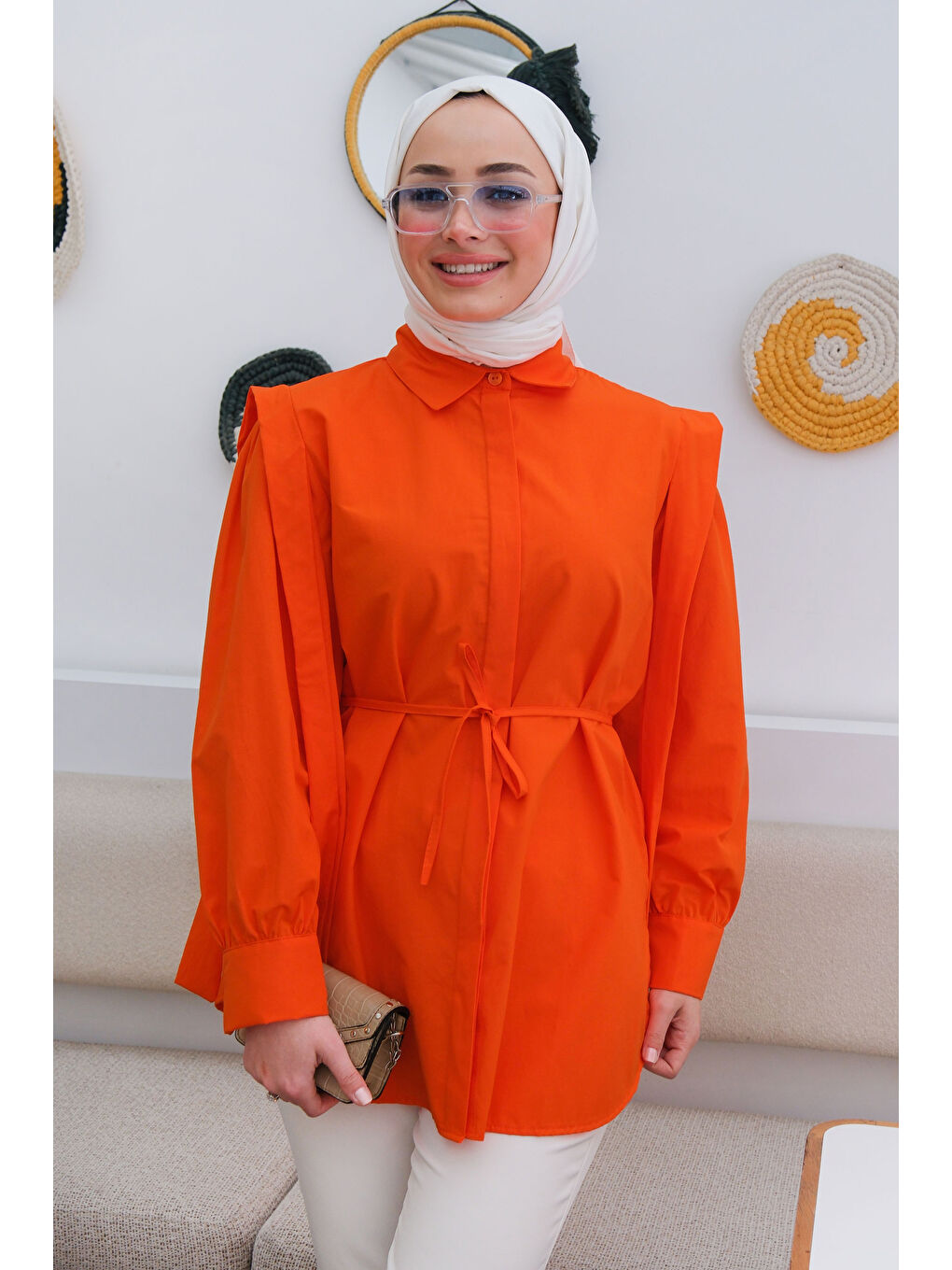 Kadın Pile Detay Önü Gizli Düğmeli Gömlek Turuncu-1