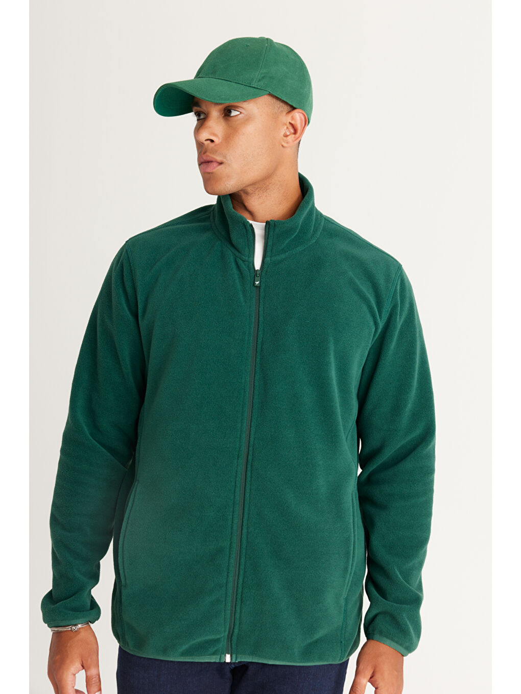 Erkek Yeşil Anti-Pilling Tüylenme Yapmayan Standart Fit Bato Yaka Sweatshirt Polar Ceket