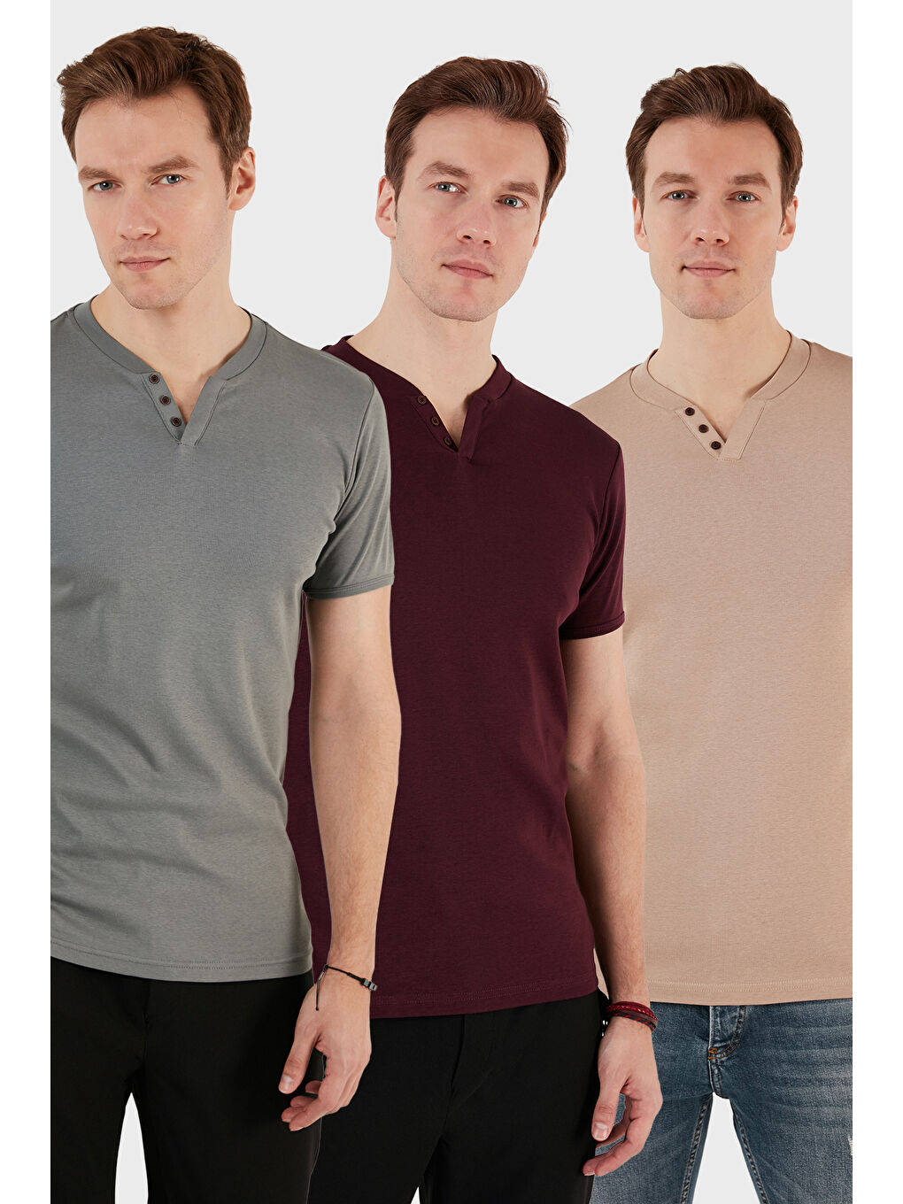 Yeşil Pamuklu Düğme Detaylı Slim Fit V Yaka 3'lü Paket %100 Pamuk Tişört 5902122S3