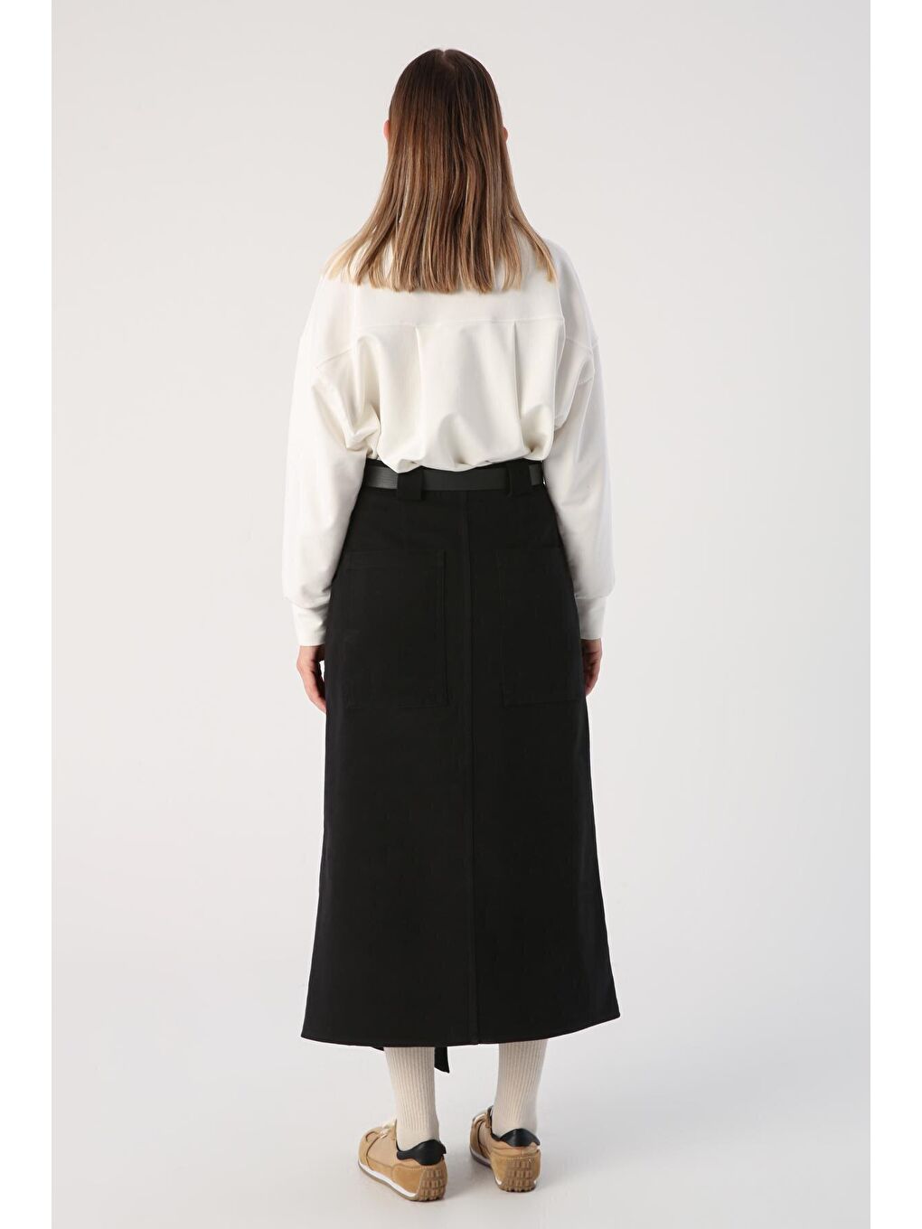 Siyah %100 Pamuk Kemerli Çıtçıtlı Asimetrik Etek-2