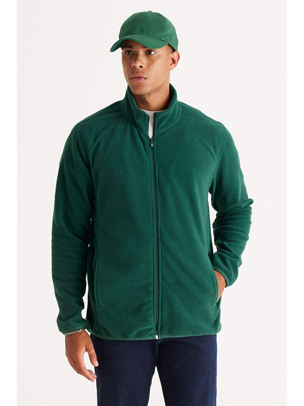 Erkek Yeşil Anti-Pilling Tüylenme Yapmayan Standart Fit Bato Yaka Sweatshirt Polar Ceket-2