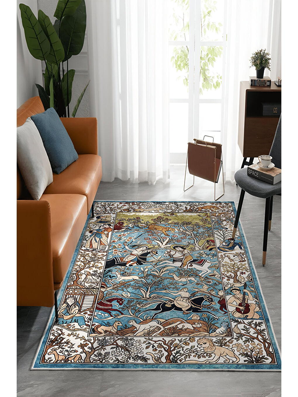 Mavi Dekoratif Özel Tasarım Yıkanabilir İnce Kaymaz Tabanlı Modern Halı KECE FR05-1