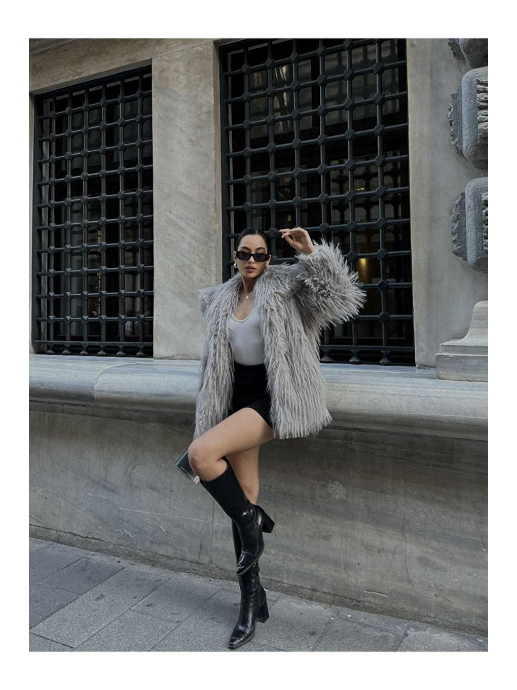 Kadın Gri Şal Yaka Mont Kaban