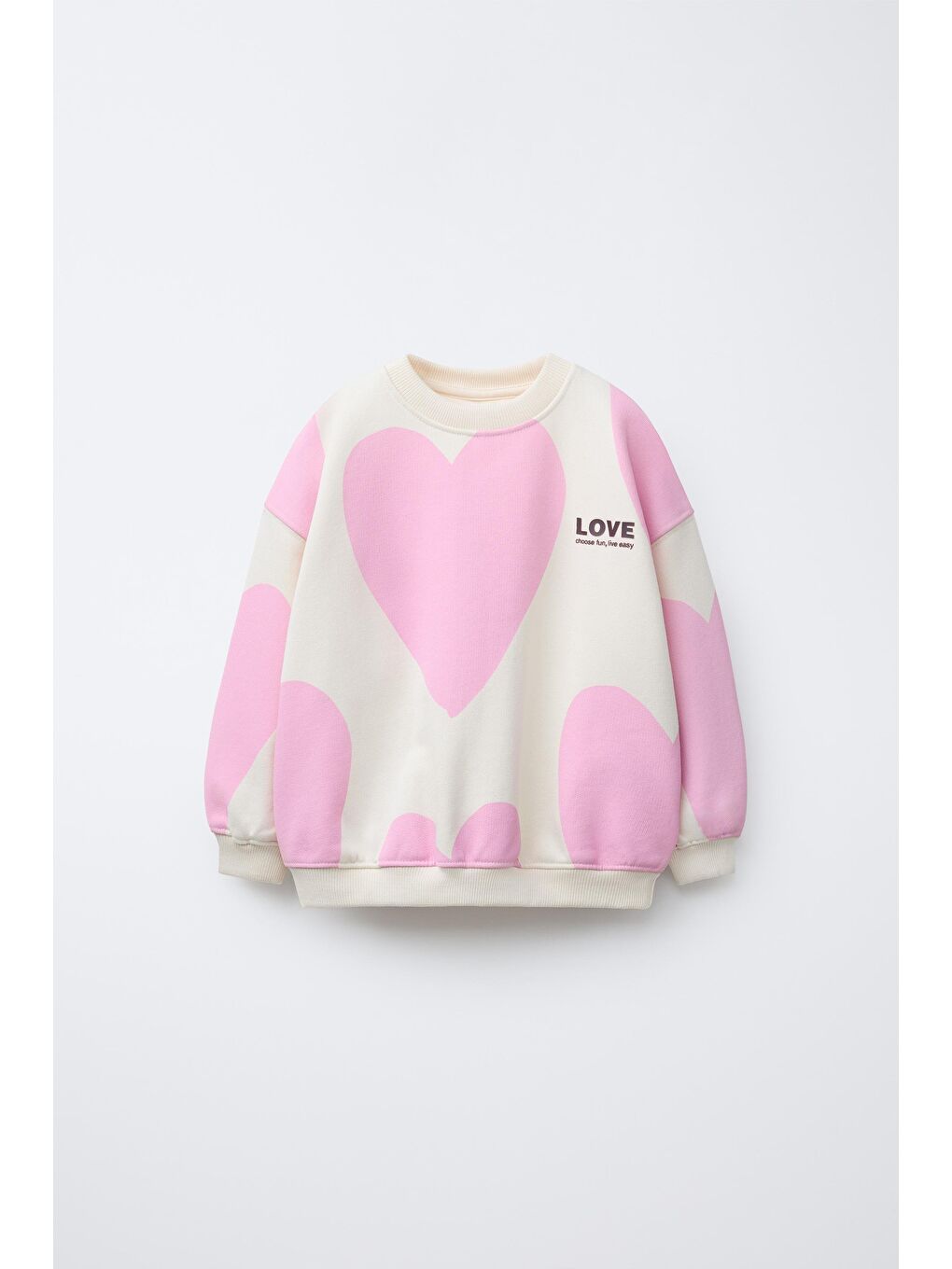 Karışık Kız Çocuk Pamuklu Ekru Pembe Kalp Desenli Sweatshirt Ve Tayt Takım - Love-5