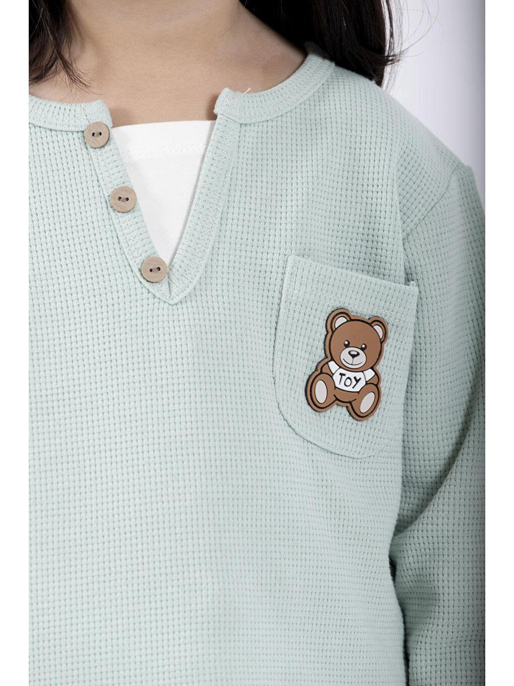 Yeşil Bisiklet Yaka Uzun Kol Ayıcık Armalı Garnılı Bel Paca Lastikli Mint Renk Kız Çocuk Esofman Takım-3