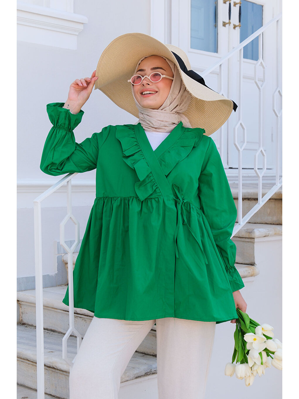 Yeşil Kadın YAN BAGLAMALI FIRFIR DETAY TUNIK YESIL-1