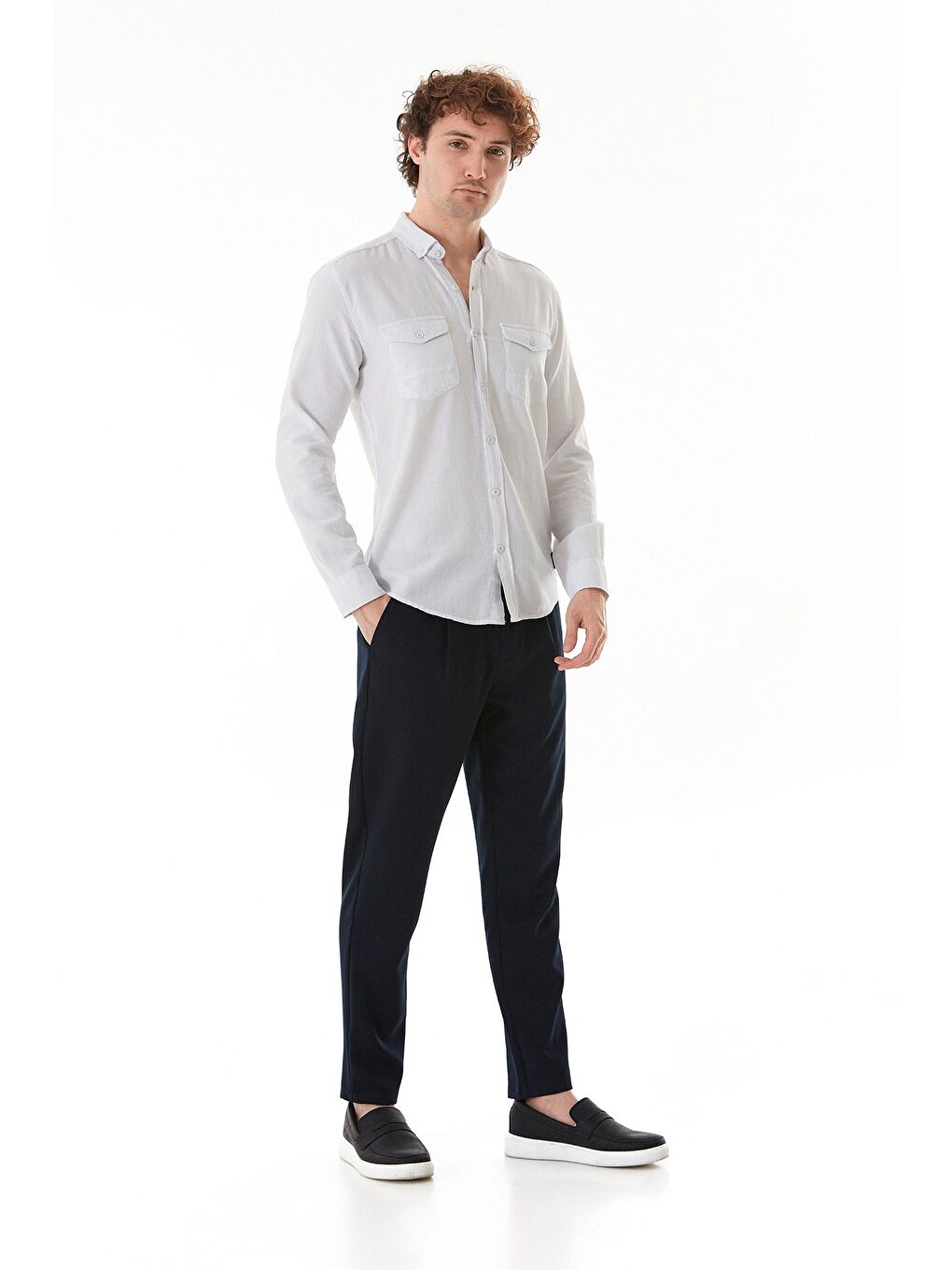 Beyaz Zikzak Desenli Çift Cepli %100 Pamuk Gömlek-1