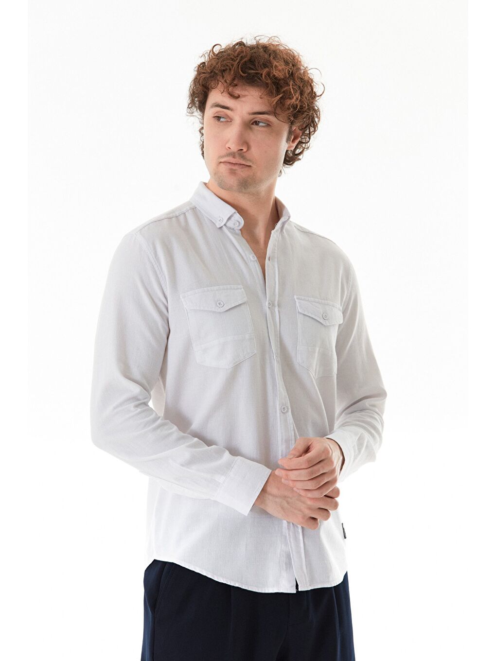 Beyaz Zikzak Desenli Çift Cepli %100 Pamuk Gömlek-2