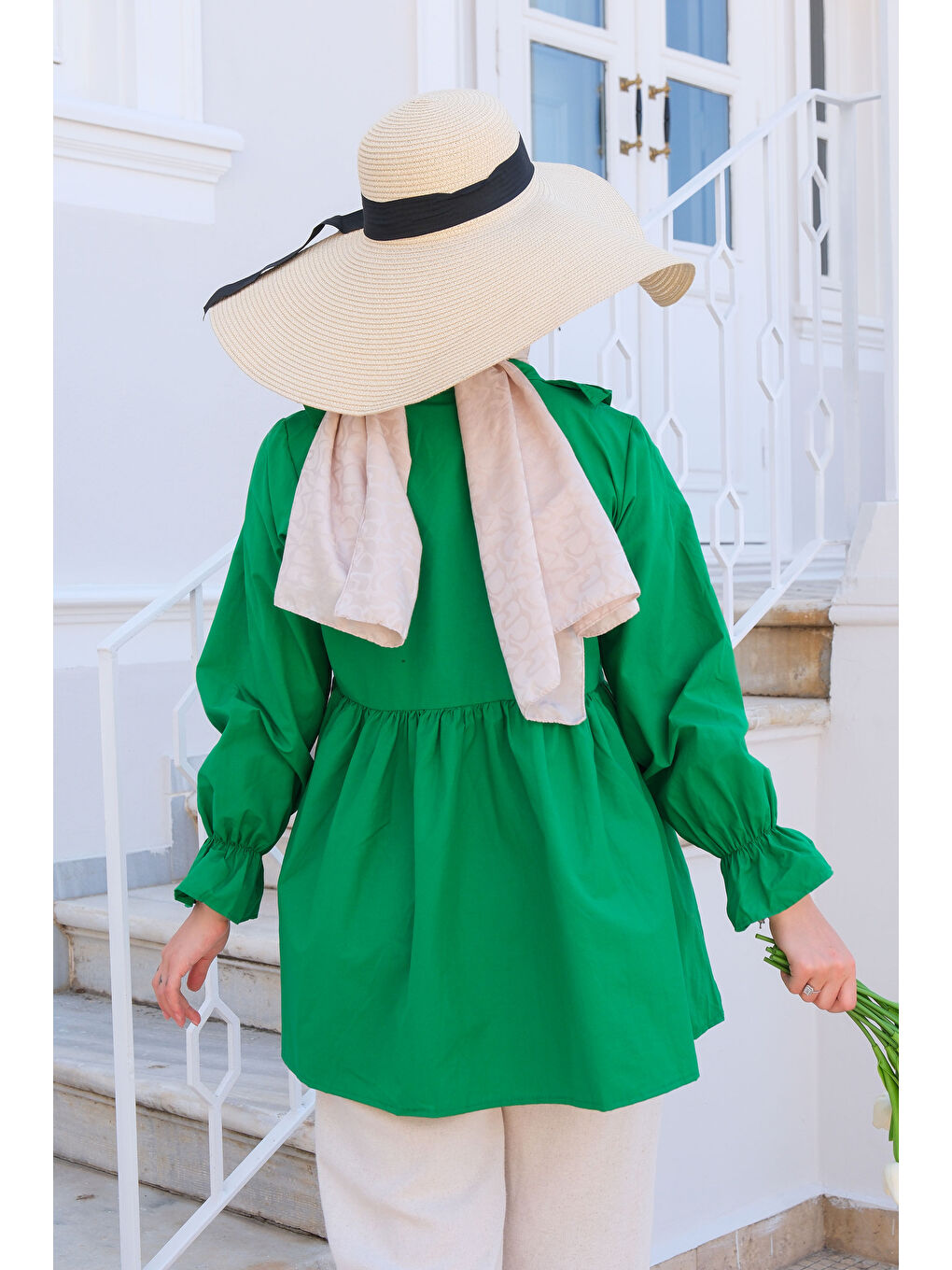 Yeşil Kadın YAN BAGLAMALI FIRFIR DETAY TUNIK YESIL-2