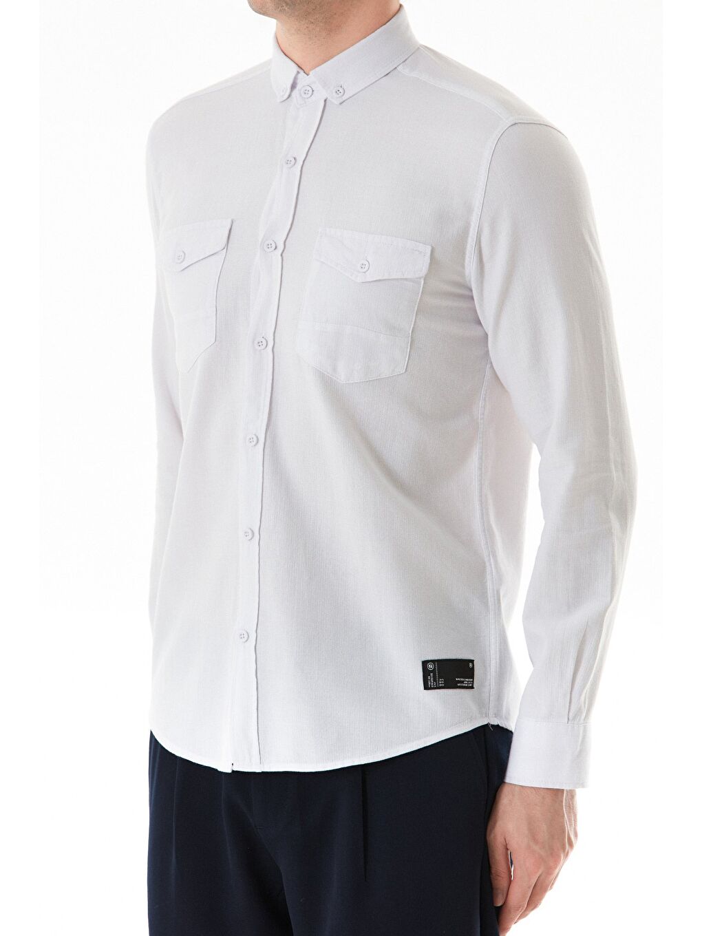 Beyaz Zikzak Desenli Çift Cepli %100 Pamuk Gömlek-4