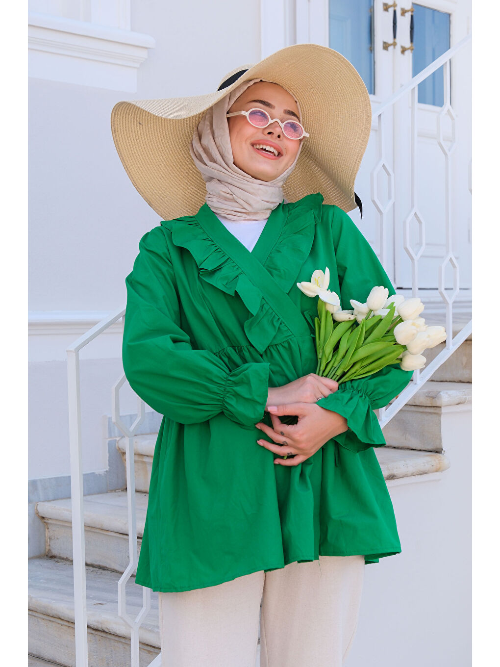 Yeşil Kadın YAN BAGLAMALI FIRFIR DETAY TUNIK YESIL-3