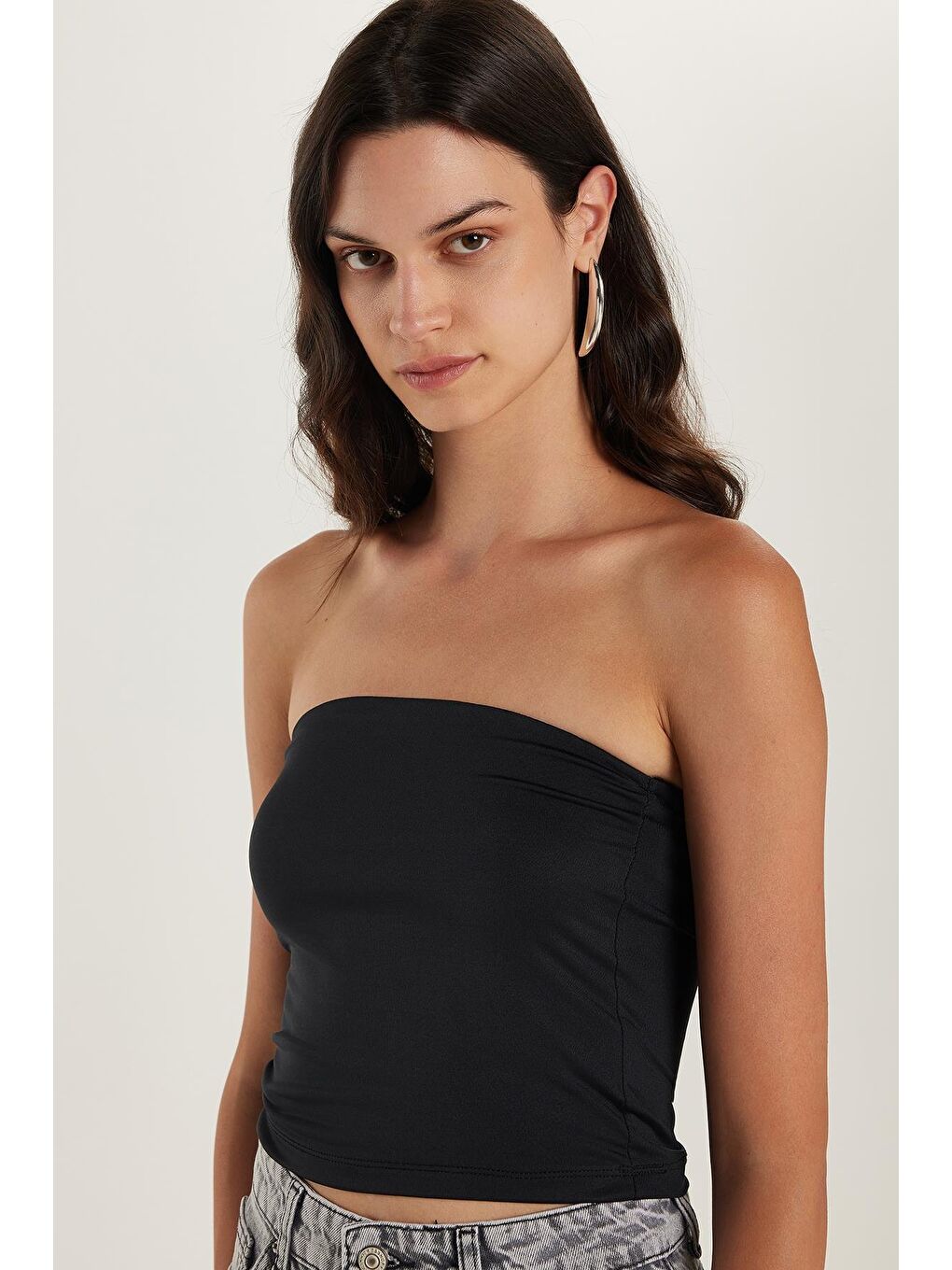 Kadın Slim Fit Dar Kesim Straplez Siyah Body