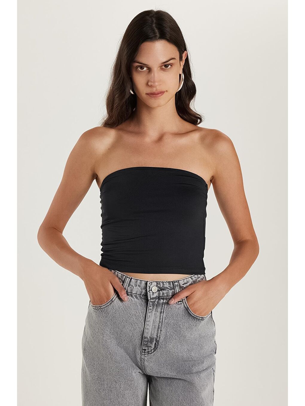 Kadın Slim Fit Dar Kesim Straplez Siyah Body-1