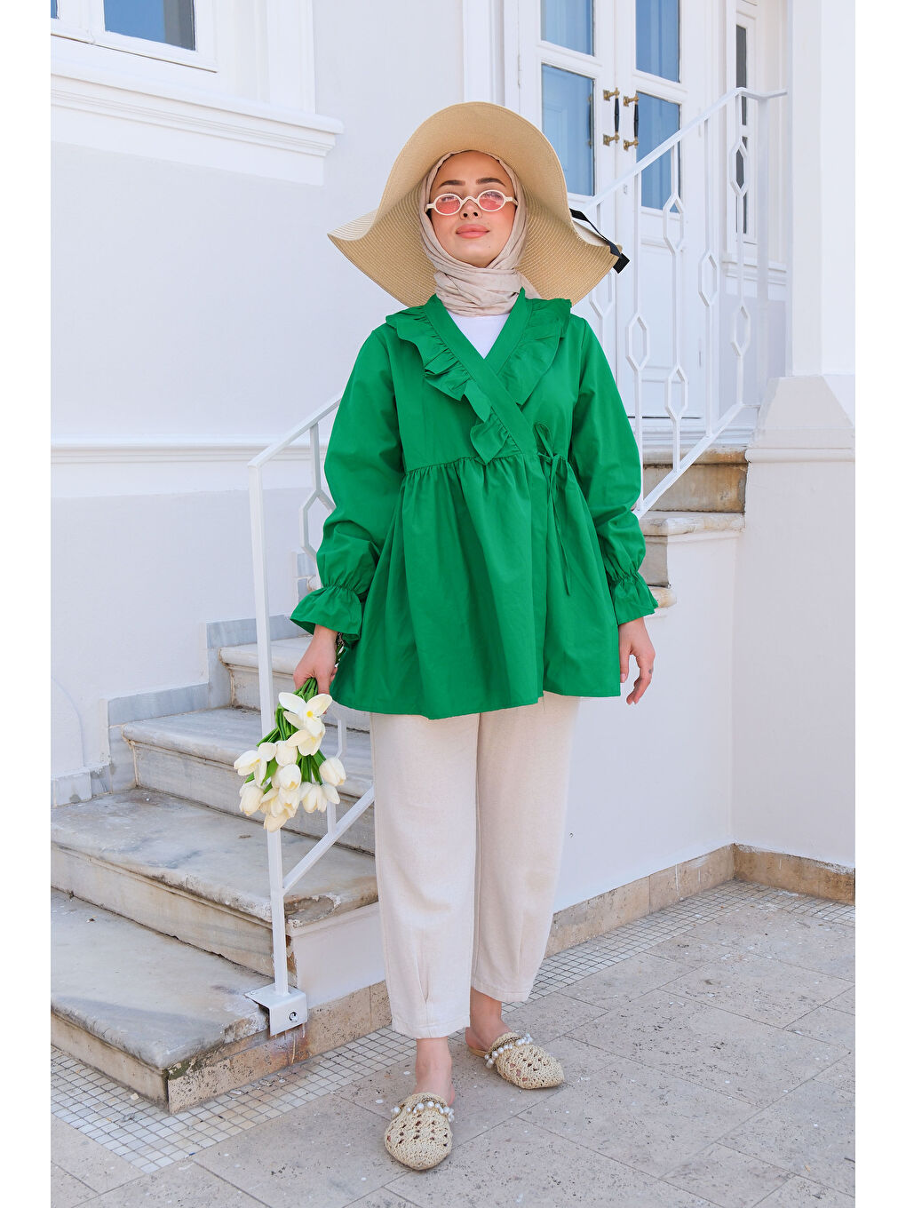 Yeşil Kadın YAN BAGLAMALI FIRFIR DETAY TUNIK YESIL-4