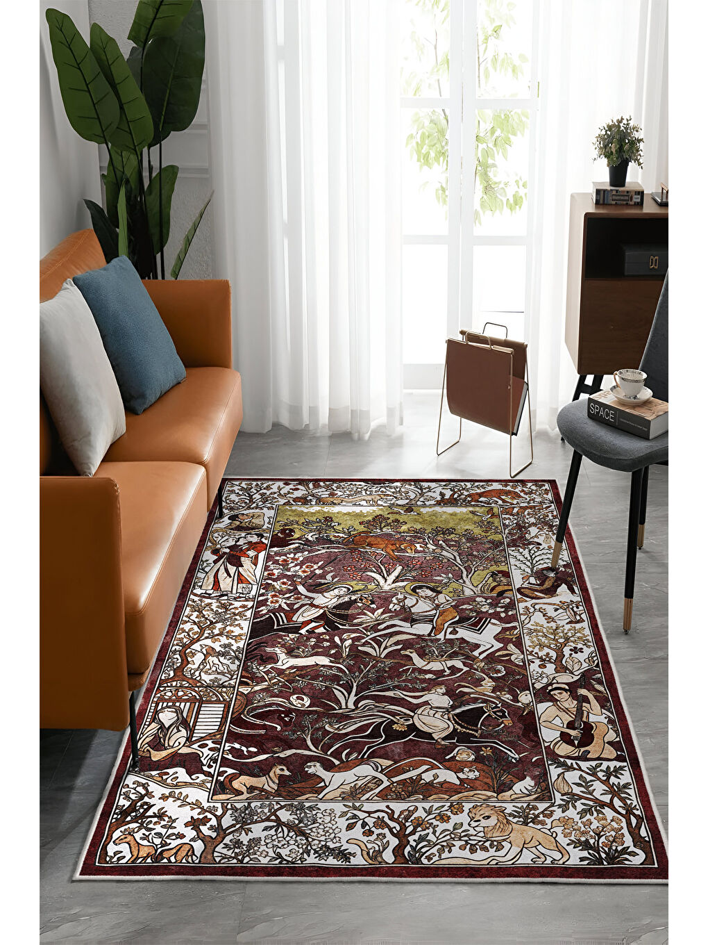 Bordo Dekoratif Özel Tasarım Yıkanabilir İnce Kaymaz Tabanlı Modern Halı KECE FR05-1