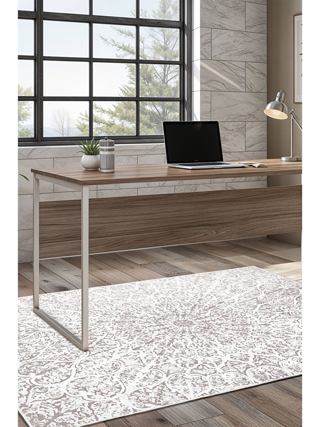 Ekru Dekoratif Özel Tasarım Yıkanabilir İnce Kaymaz Tabanlı Modern Halı KECE FR02-2