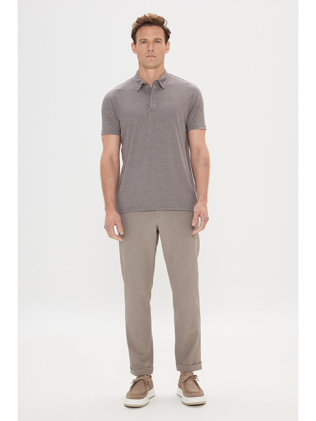 Erkek Kahverengi Slim Fit Dar Kesim Polo Yaka Jakarlı Tişört-1