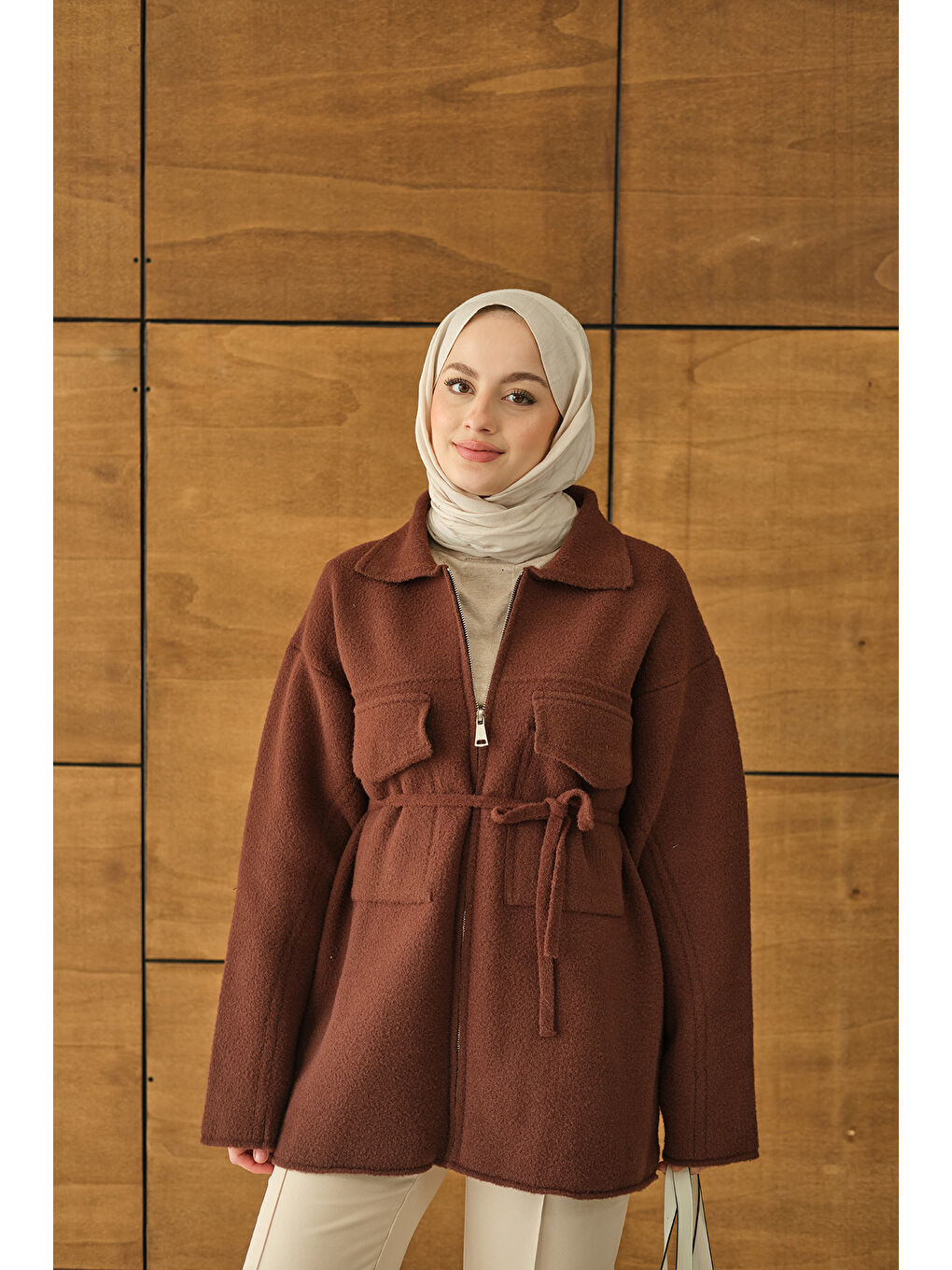 Kadın Cepli Keçe Hırka Kahverengi