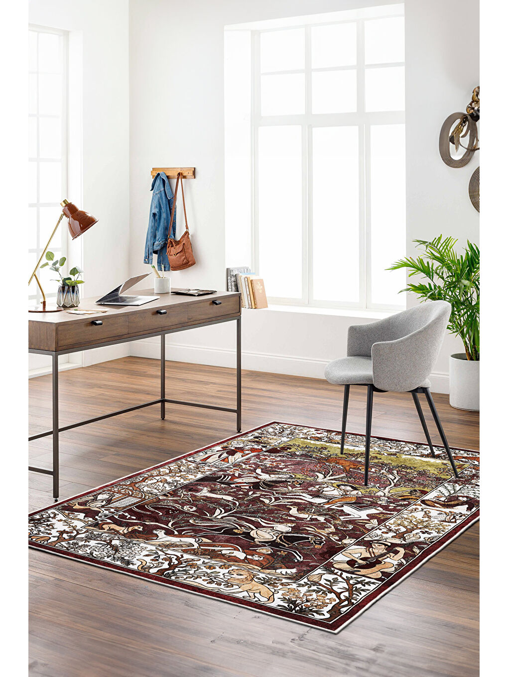 Bordo Dekoratif Özel Tasarım Yıkanabilir İnce Kaymaz Tabanlı Modern Halı KECE FR05-2