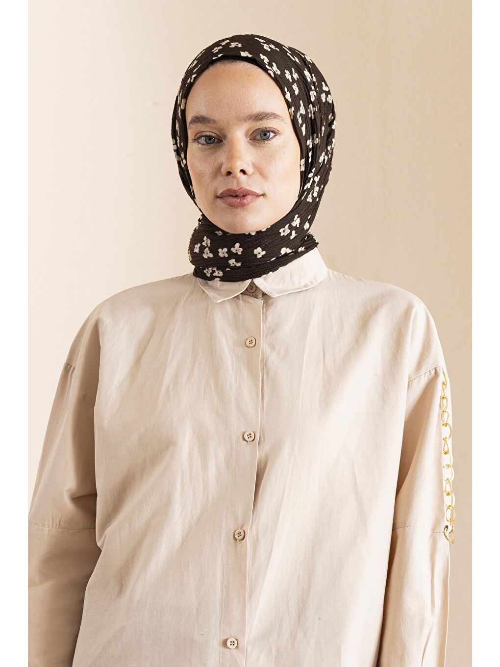 Kahverengi Kadın Çiçek Desenli Kırışmaz Bürümcük Şal 190*80 Cm-1