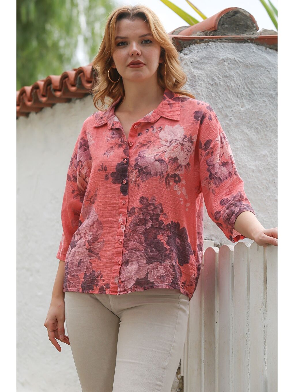 Pembe Gül Kurusu Gömlek Yaka 3/4 Kol Desenli Düğmeli Dokuma Gömlek 63 61-2
