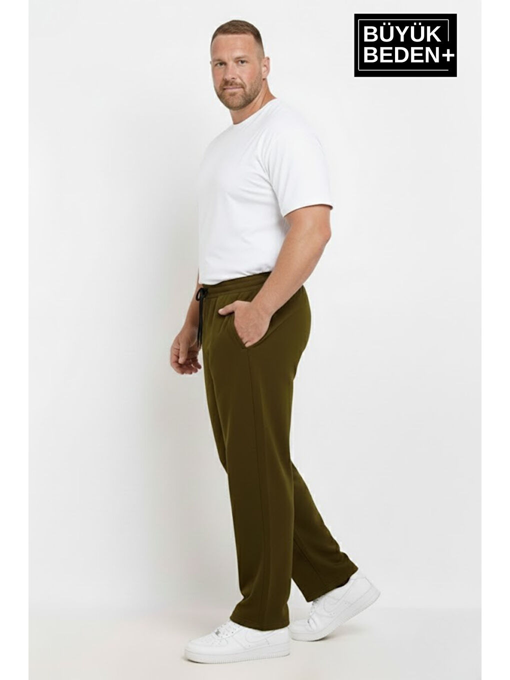 Haki Erkek Büyük Beden Rahat Kalıp, Lastikli Bel, Paça Reçmeli Eşofman Altı SPR26BEA952-1