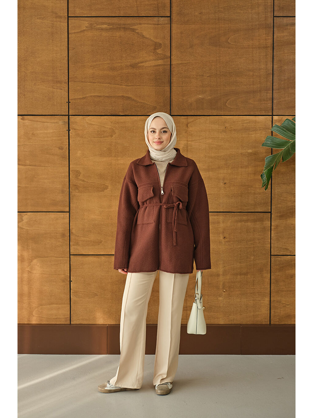 Kadın Cepli Keçe Hırka Kahverengi-1