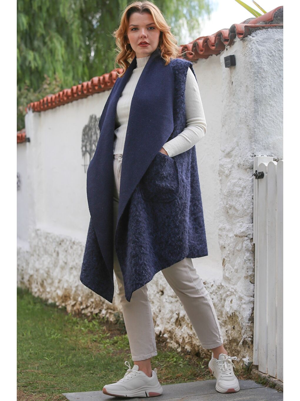 İtalyan Mavi Şal Yaka Kolsuz Cepli Casual Buklet Dokuma Yelek 90 65