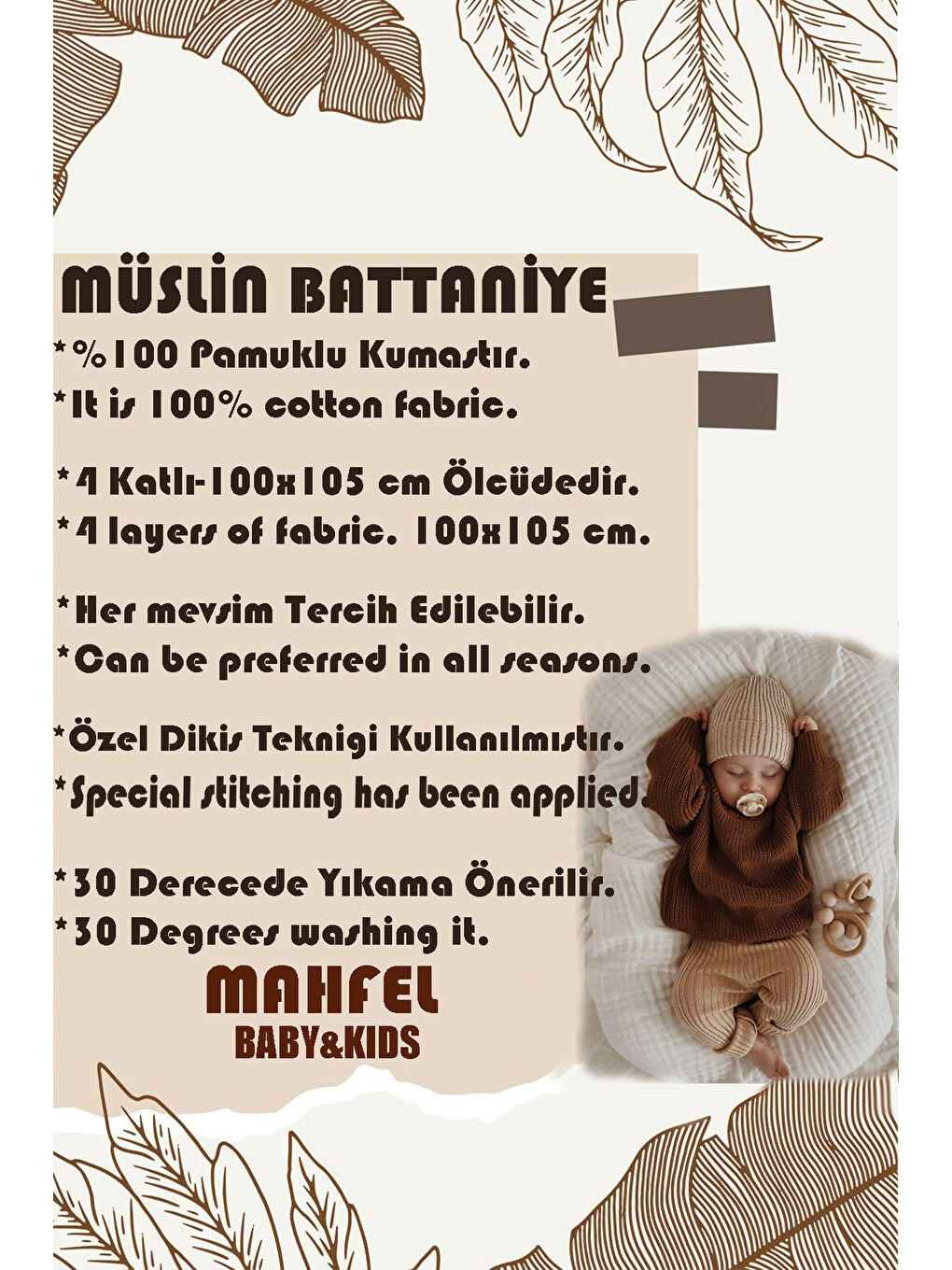 Mahfel Ekru 4 Katlı %100 Pamuklu  Müslin Bebek Battaniyesi - 3